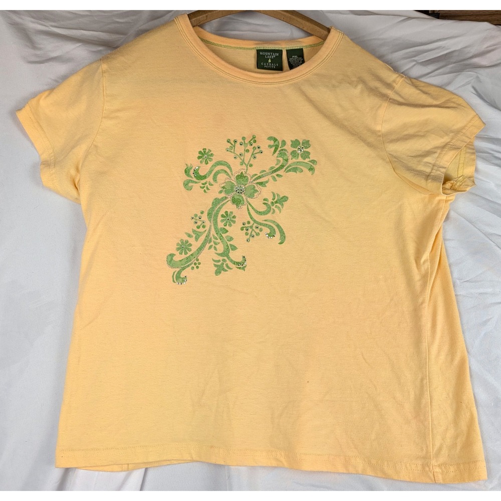 Yellow Floral Rhinestone Green floral Graphic Sparkle T-Shirt PXL